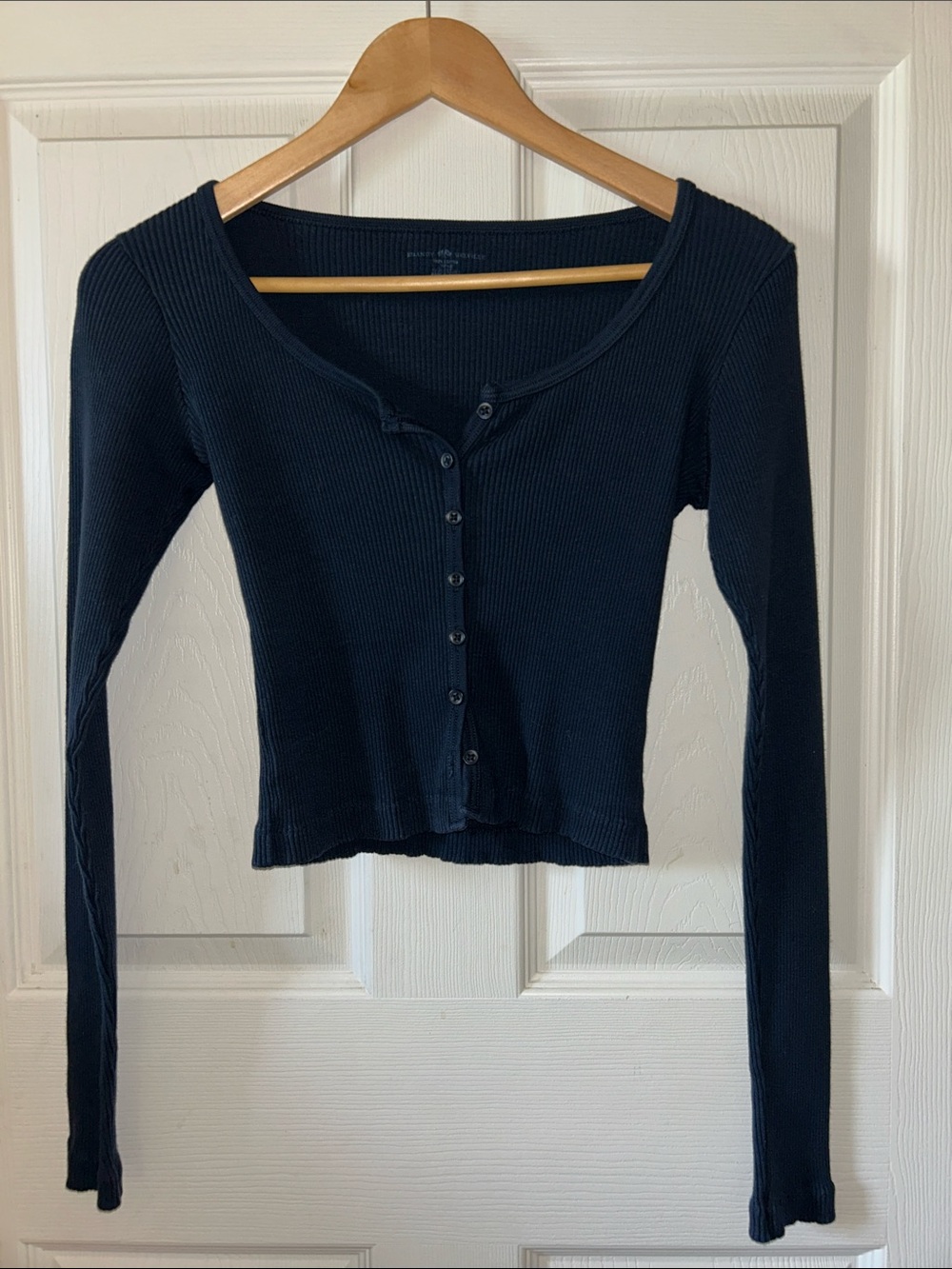 Brandy Melville Navy Blue Button Down Ribbed‎ Crop Long Sleeve Top 100% Cotton